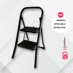 Portalife 2 Basamaklı Siyah Çelik Merdiven – Ekstra Güvenli & Ultra İnce Katlanabilir Tasarım