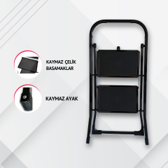 Portalife 2 Basamaklı Siyah Çelik Merdiven – Ekstra Güvenli & Ultra İnce Katlanabilir Tasarım