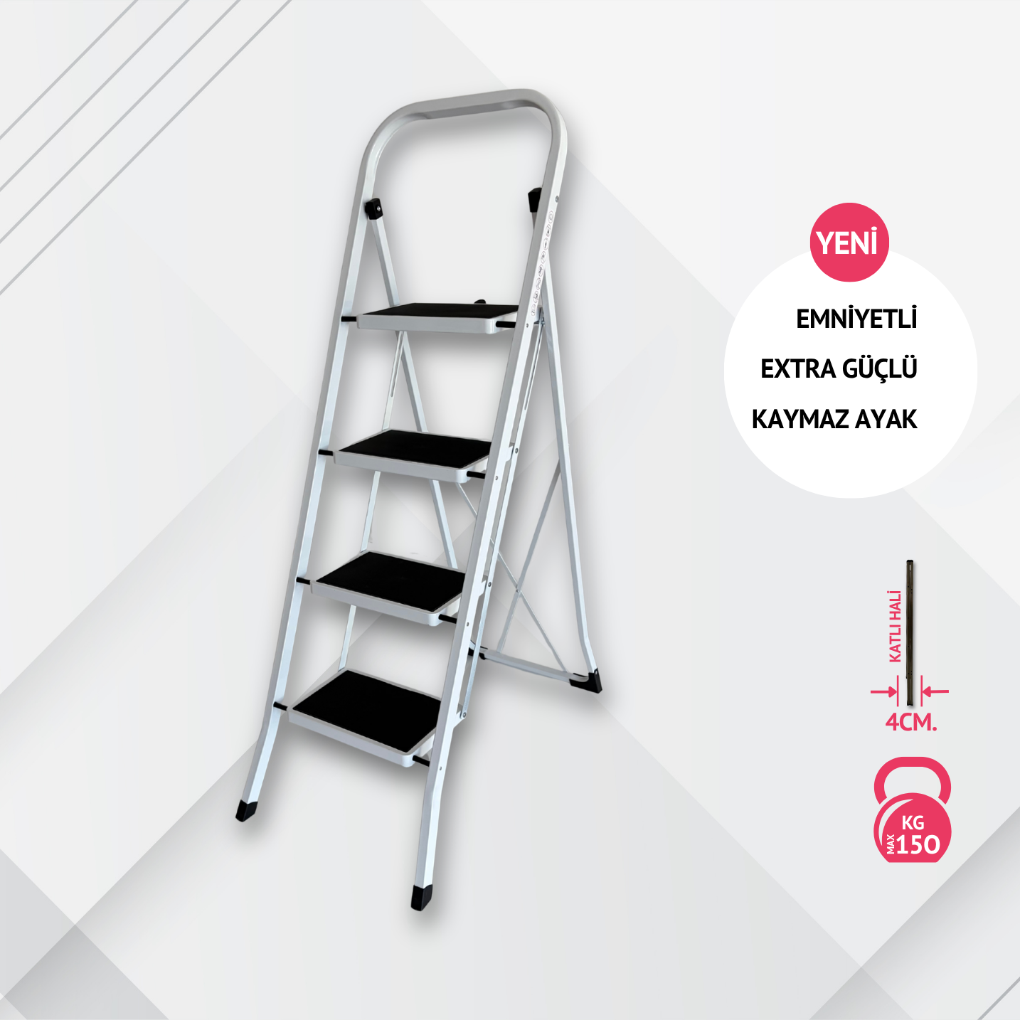 Portalife 4 Basamaklı Beyaz Çelik Merdiven - Ekstra Güçlü Gövde - Kalın Profil
