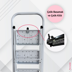 Portalife 4 Basamaklı Beyaz Çelik Merdiven - Ekstra Güçlü Gövde - Kalın Profil